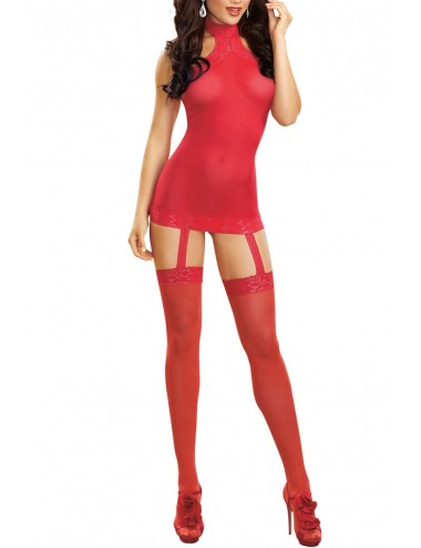 Lingerie - Combinaisons - Bodystocking rouge effet guêpière avec dentelle - DG0035RED - Dreamgirl