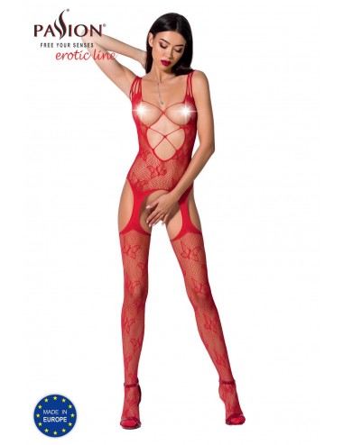 Lingerie - Combinaisons - Bodystocking en maille sexy rouge seins nue BS075R - Passion Lingerie