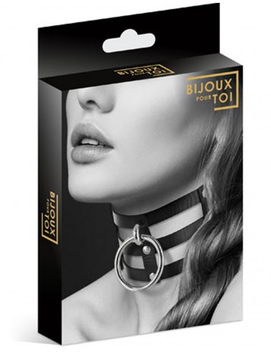 Sextoys - Bondage - SM - Collier en cuir noir SM triple lanière avec anneau métal argenté - CC6060060010 - Bijoux Pour Toi